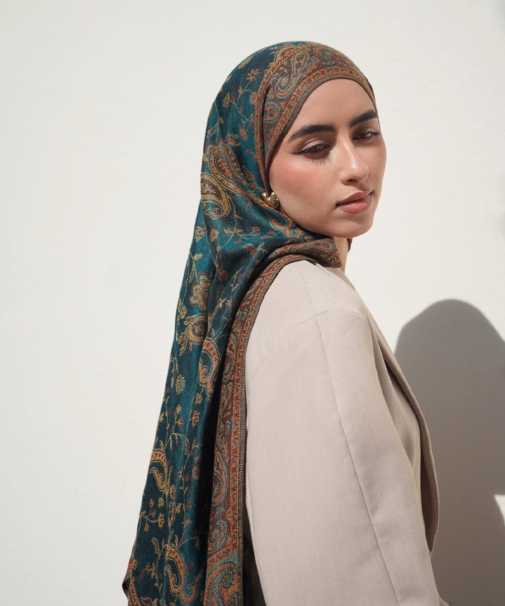 Pashmina Hijab mit Jacquard-Muster – Tiefseeblau