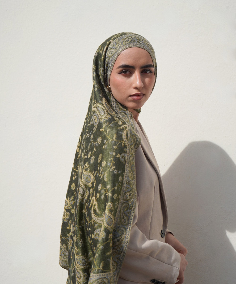 Pashmina Hijab mit Jacquard-Muster – Olivgrün