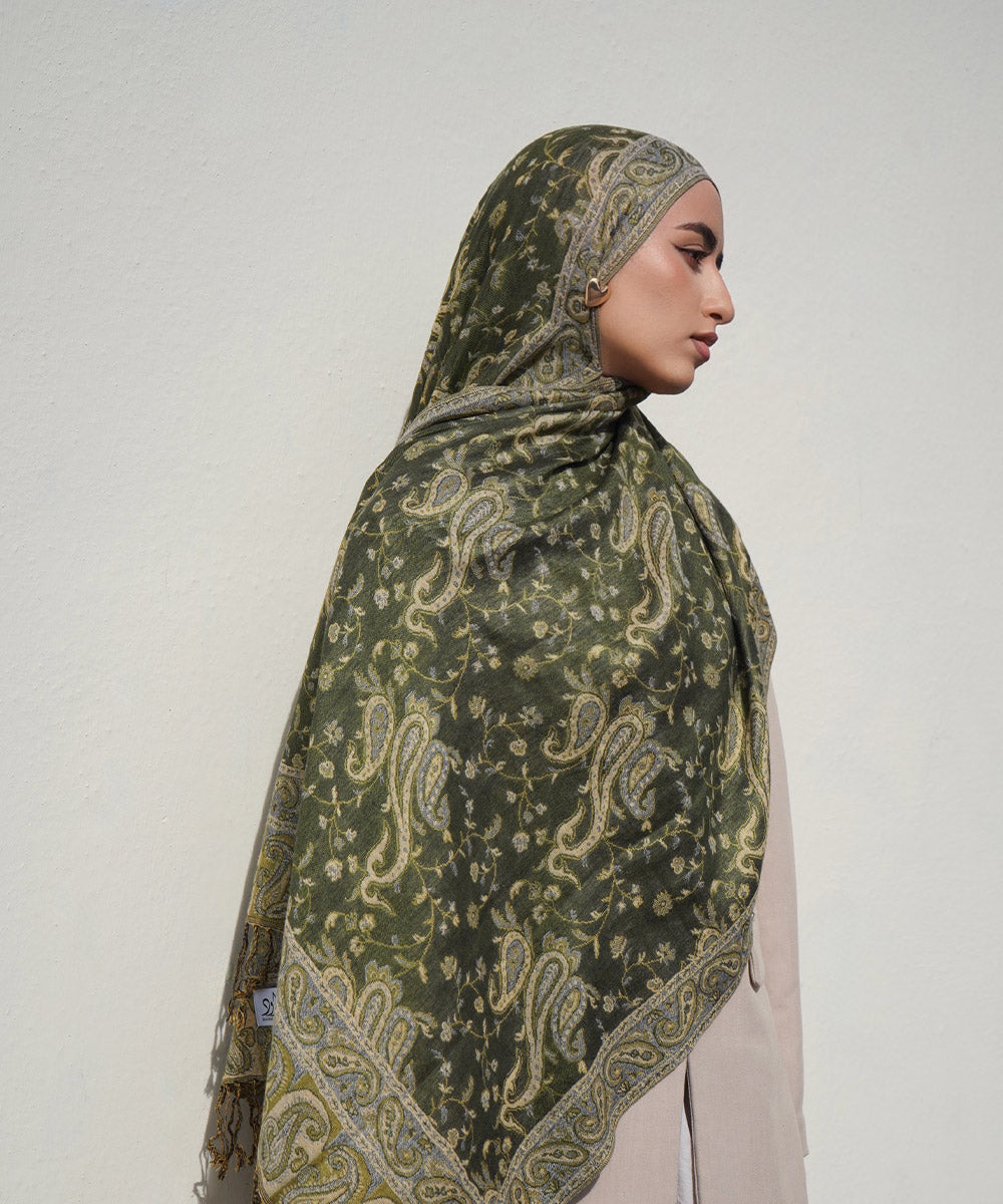 Pashmina Hijab mit Jacquard-Muster – Olivgrün